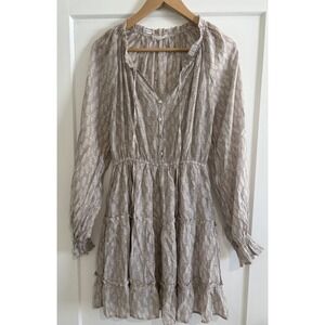 By The River Leaf Print Mini Dress Womens Large Tan Tiered Ruffle Boho Cottage